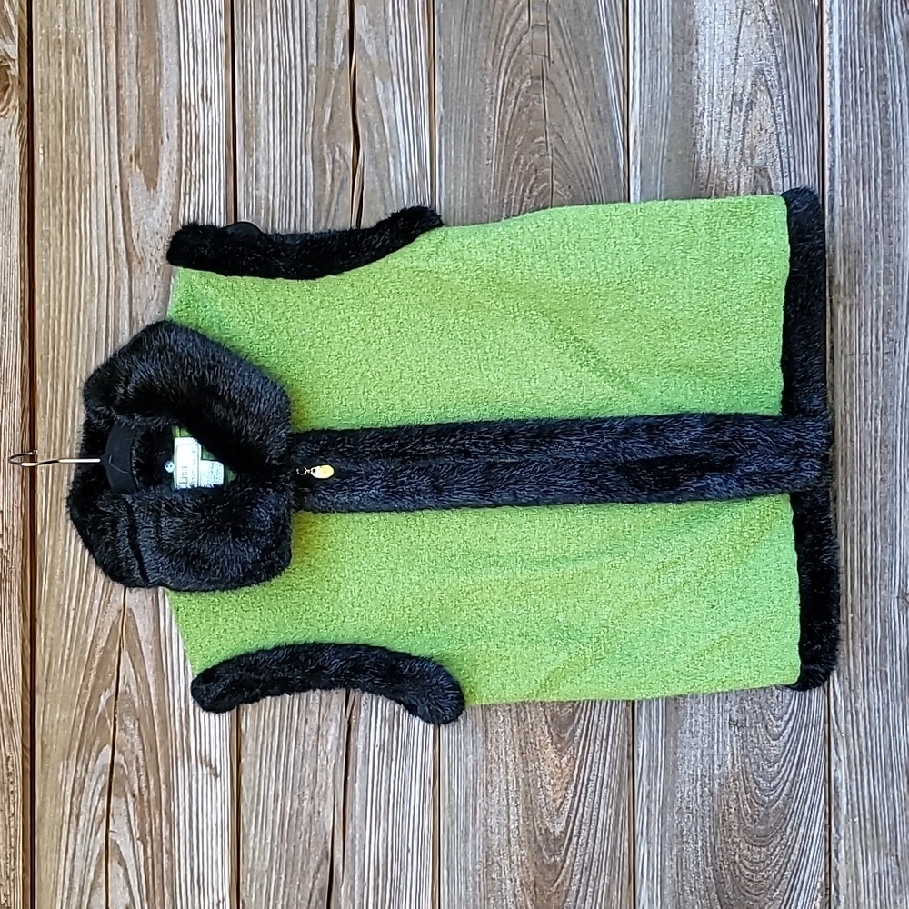 Lisa International Green Wool & Black Faux Fur Vest